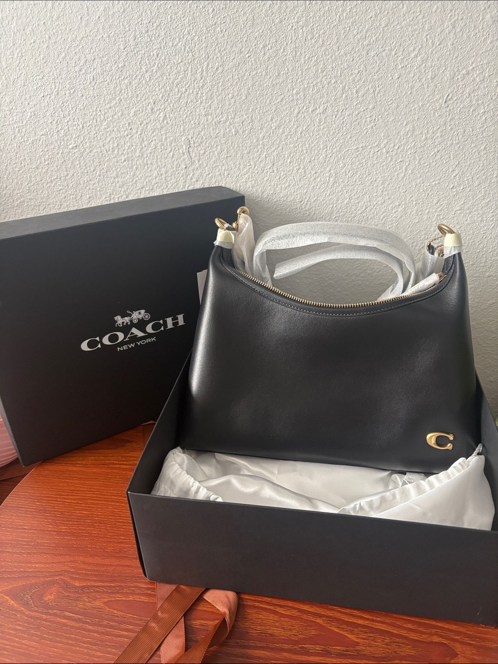 Coach Black Leather Shoulder Bag with Gold C Accent